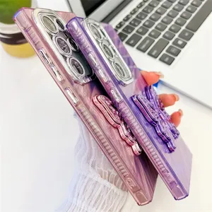 Gradient purple phone case with camera lens protector and butterfly stand for Samsung Galaxy.