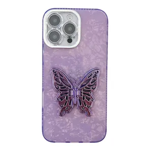 Purple marble shell texture iPhone case with metallic butterfly stand and lens protector.