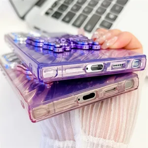 Purple glitter wave phone case with cute 3D butterfly stand for Samsung Galaxy S24 Ultra.