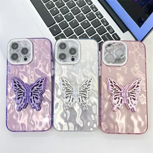 Gegalvaniseerde Glitter Gekreukte Textuur Foliemotief Telefoonhoesje Met Metalen Vlinderstandaard Lensfilm Volledige Dekking Schokbestendig Siliconen Hoesje Voor IPhone Samsung