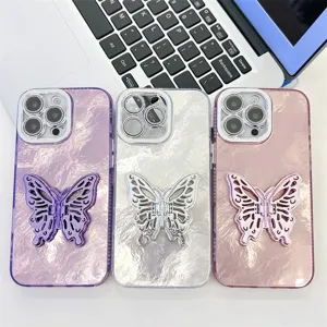 Marmeren telefoonhoesje met 3D vlinderstandaard en camerabescherming voor iPhone.