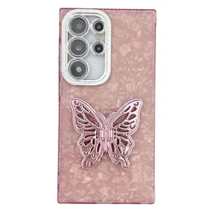 Pink marble pattern phone case with cute butterfly ring stand and camera protection for Samsung