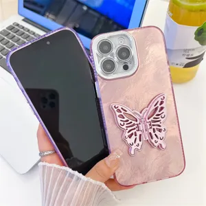 Roze glitter telefoonhoesje met vlinderstandaard en kamerabescherming voor iPhone 16 Pro Max