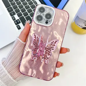 Roze glitter telefoonhoesje met 3D vlinderhouder geschikt voor iPhone 16 Pro Max