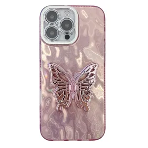 Glitter vlinder standaard telefoonhoesje voor iPhone met glanzende textuur en lensbescherming.