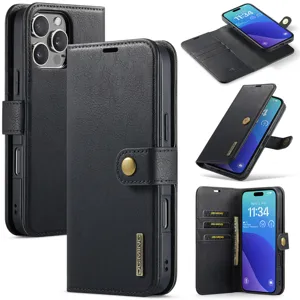 Zwarte lederen portemonnee telefoonhoesje met kaartgleuven, magnetische sluiting en stand.