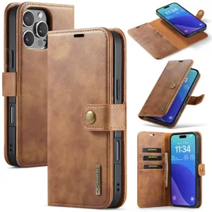 Premium bruin lederen portemonnee telefoonhoesje met magnetische afneembare hoes iPhone
