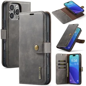 Grijs lederen portemonnee-telefoonhoesje met magneetsluiting en vakken voor iPhone Pro Max.