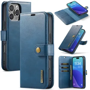 Blauwe lederen portemonnee telefoonhoesje met kaartsleuven en magnetische afneembare hoes voor iPhone.