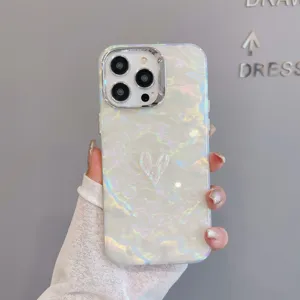 Electroplated shell texture heart phone case, stylish iridescent design compatible with Apple.
