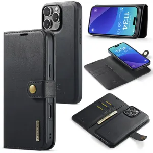 Magnetische afneembare lederen portemonnee telefoonhoes voor iPhone met kaartsleuven en standaard.