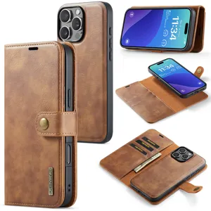 Gedetailleerd overzicht van bruin lederen portemonnee telefoonhoesje met magnetische hoes en pasjes.