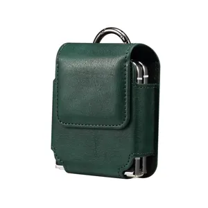 Dunkelgrüne Ledergürteltasche für klappbare Smartphones mit Metallkarabiner Clip Top