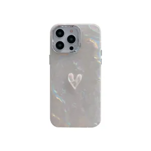 Plated shell texture heart phone case, stylish iridescent design for compatible iPhone.