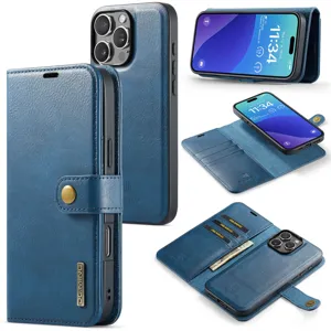 Blauwe lederen magnetische portemonnee telefoonhoesje met kaartsleuven voor iPhone Pro Max.
