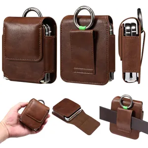 Universal Öl-Wachs-Leder Hüfttasche Falthandy Hülle Tasche Mit Metallhaken Und Gürtelclip Business Style Schutzhülle