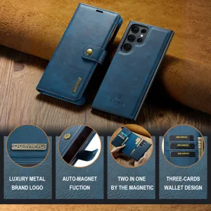 Μπλε δερμάτινη θήκη πορτοφολιού για Samsung S23 Ultra 2 σε 1 μαγνητική θήκη καρτών.