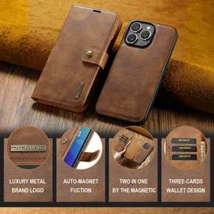 Magnetische afneembare lederen portefeuille telefoonhoesje met kaartsleuven en metalen logo.