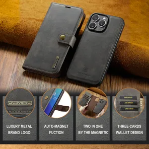 Gedetailleerd overzicht van de afneembare magnetische lederen telefoonhoes met metalen logo.