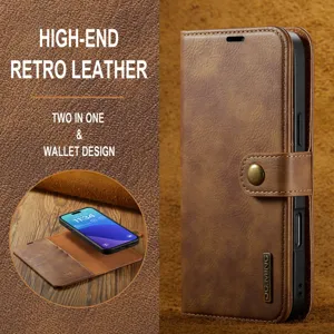Retro leren magnetische portemonnee telefoonhoesje met kaartsleuven en afneembare klep.