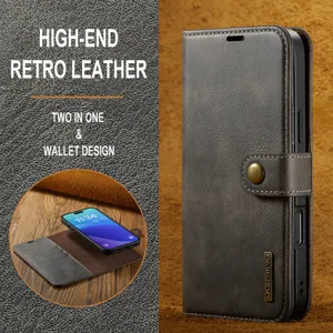High-end retro leer portemonnee telefoonhoesje detail met textuur, magneetsluiting en vakjes.