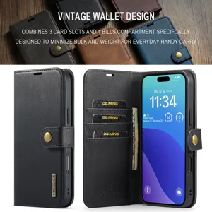Vintage lederen portemonnee telefoonhoesje met kaartsleuven en magnetisch afneembaar ontwerp.