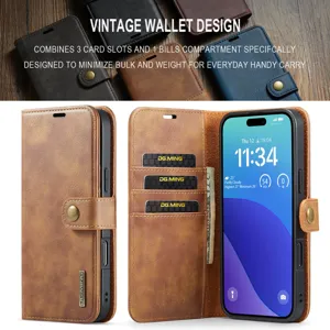 Vintage leren telefoon portemonnee hoesje met kaartvakken en magneetsluiting voor iPhone.