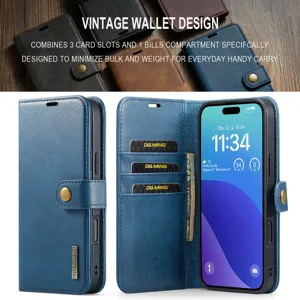 Gedetailleerd overzicht van lederen portemonnee telefoonhoesje met kaartvakken en magneetsluiting.