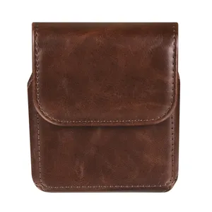 Brown leather folding phone waist pouch with belt loop design for flip smartphones detailed view.