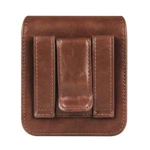 Detail shot of brown leather foldable phone holster featuring a sturdy belt clip and loops
