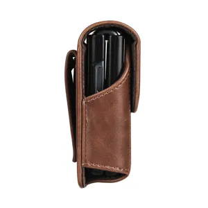 Vertical brown leather waist pouch detail showing belt loop and folding phone fit design.