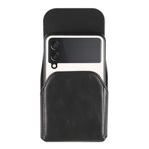 Black leather phone holster for vertical foldable smartphones belt pouch protective carrying case.