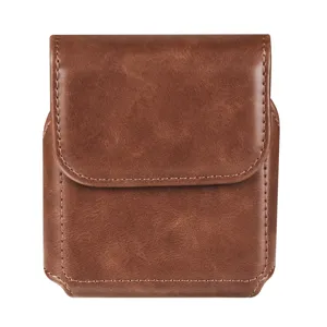 Brown leather folding phone waist pouch, front view product image for flip smartphones.