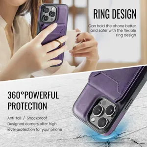Μωβ μαγνητική δερμάτινη θήκη για iPhone 16 Pro Max με θήκη καρτών και βάση δακτυλίου.