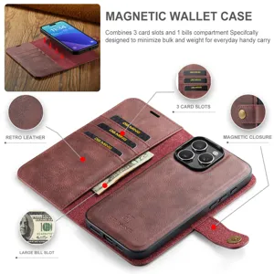 Magnetische lederen portemonnee telefoonhoesje met 3 kaartgleuven en geldvak in retro stijl.