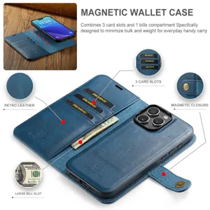 Gedetailleerd overzicht van de magnetische portemonnee leer telefoonhoes met kaartsleuven.