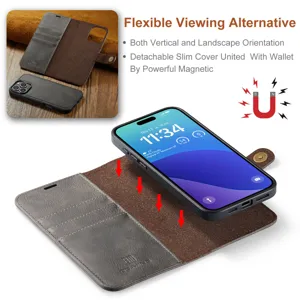 Magnetische afneembare lederen telefoonhoes portemonnee met kaartsleuven en standaard.
