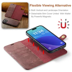 Afneembare magnetische lederen portemonnee telefoonhoesje met kaartsleuven voor iPhone 16 Pro Max