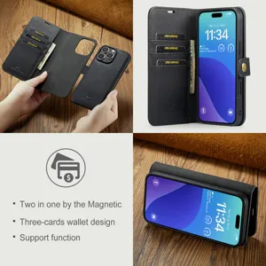 Magnetische afneembare lederen telefoonhoes met 3 kaartgleuven en handige standaardfunctie.