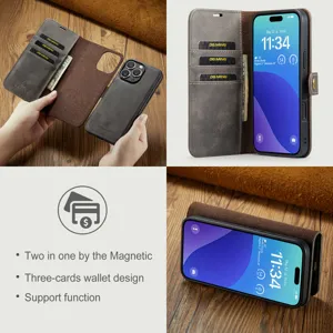 Magnetisch afneembaar lederen telefoonhoesje met 3 kaartsleuven portemonnee en stander voor iPhone