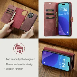 Magnetische lederen portemonnee telefoonhoesje met kaartsleuven en afneembare standfunctie.
