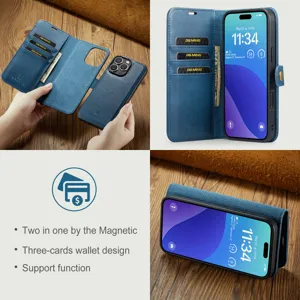 Gedetailleerd overzicht van lederen magnetische portemonnee telefoonhoesje met kaartsleuven.