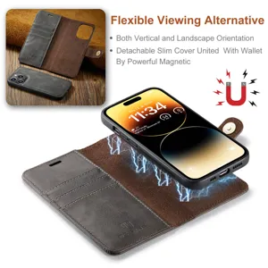 Magnetisch afneembaar lederen portemonnee telefoonhoesje met kaartsleuven voor iPhone 16 Pro.