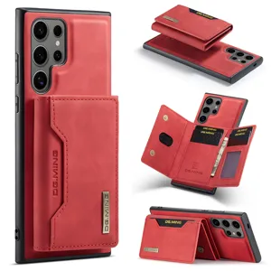 Coque de téléphone en cuir rouge avec porte-cartes amovible pour Samsung Ultra, détails.