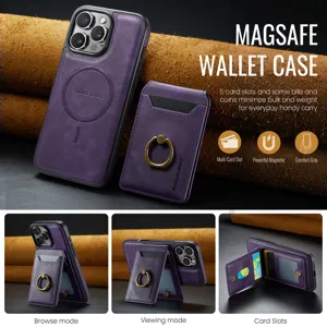 Μωβ δερμάτινη θήκη πορτοφολιού MagSafe με βάση δαχτυλιδιού για το iPhone 16 Pro Max