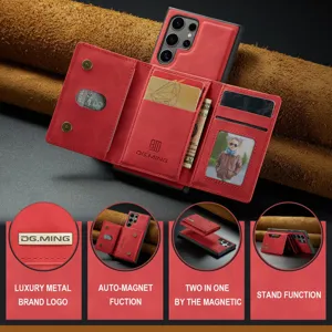Étui portefeuille en cuir magnétique rouge avec fentes pour cartes et support pour téléphone