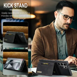Étui portefeuille en cuir Samsung Galaxy avec porte-cartes magnétique et fonction support.