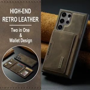 Vue détaillée de l'étui de téléphone en cuir rétro avec porte-cartes amovible et design portefeuille.