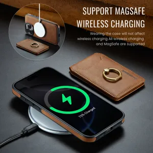 Λεπτομέρεια θήκης τηλεφώνου MagSafe από καφέ δέρμα με ασύρματη φόρτιση και θήκη καρτών.