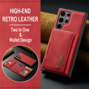 Vue détaillée de l'etui portefeuille magnetique en cuir rouge, design amovible deux en un.